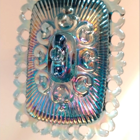 Carnival Indiana Iridescent Blue Glass Candy Dish with Lid - Picture 12 of 12